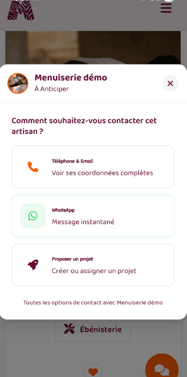 Interface mobile - 3 méthodes de contact sur Marty