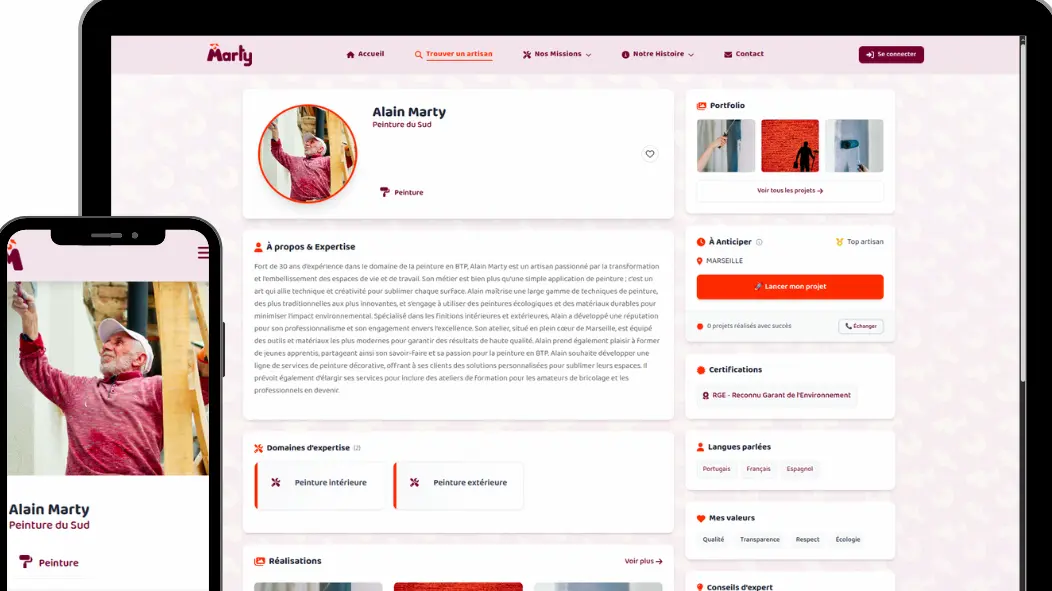 Exemple de profil d'artisan sur Marty