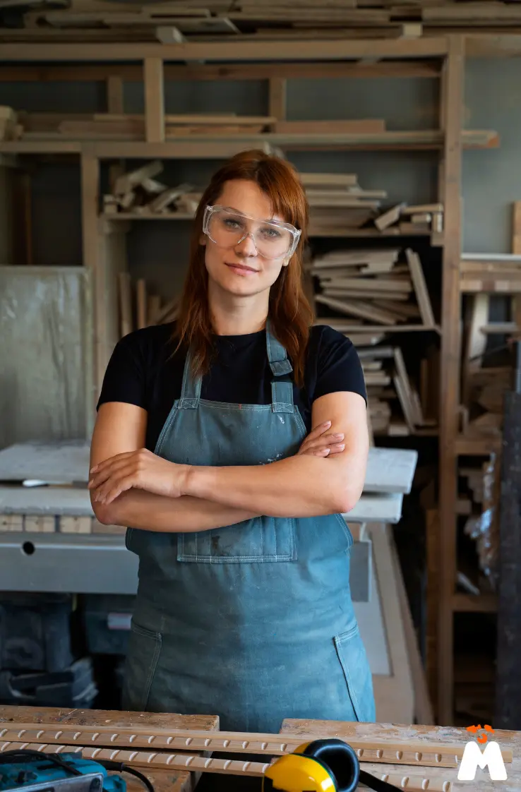 Artisane menuisière travaillant dans son atelier sur un projet d'ébénisterie