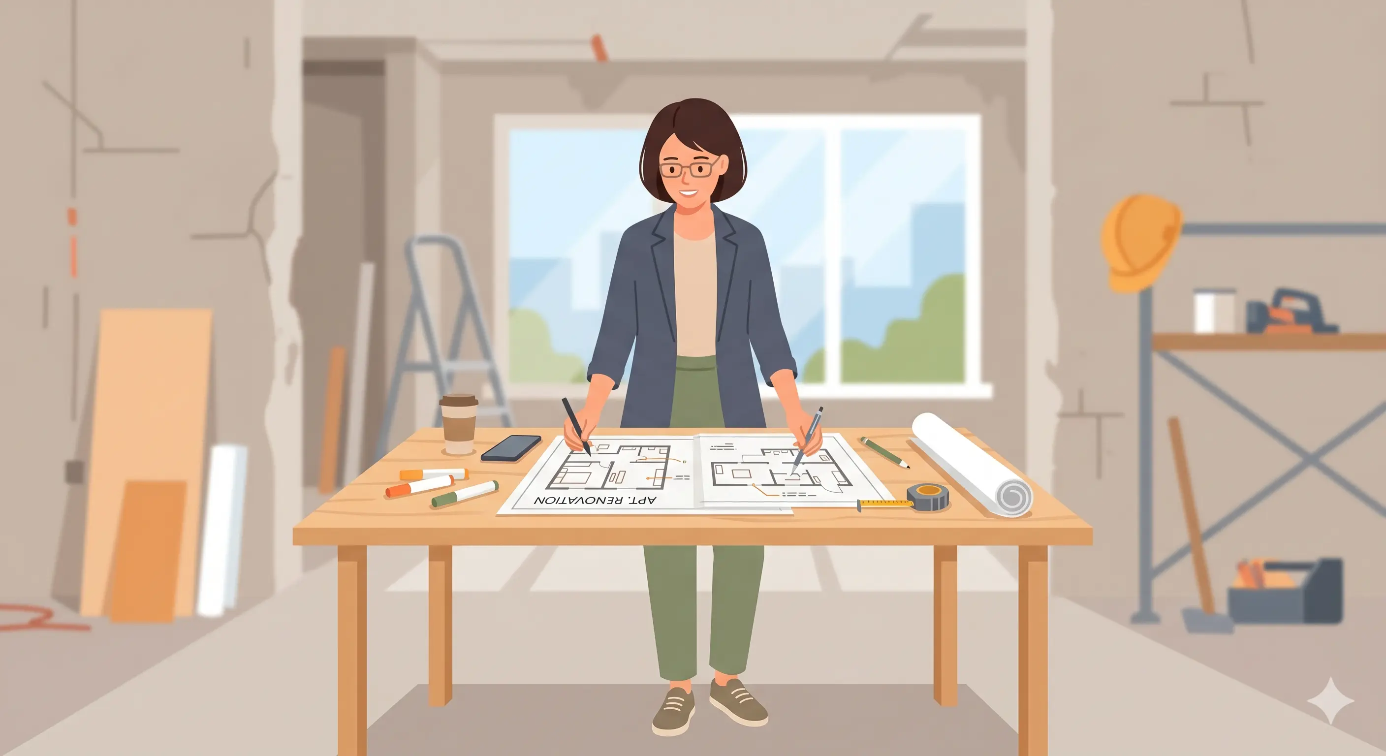 Architecte d'intérieur consultant des plans sur une table lumineuse