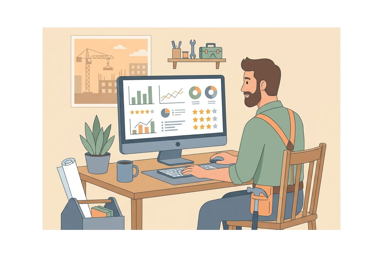 Artisan consultant les avis et le fonctionnement de mesTravaux.com sur son écran