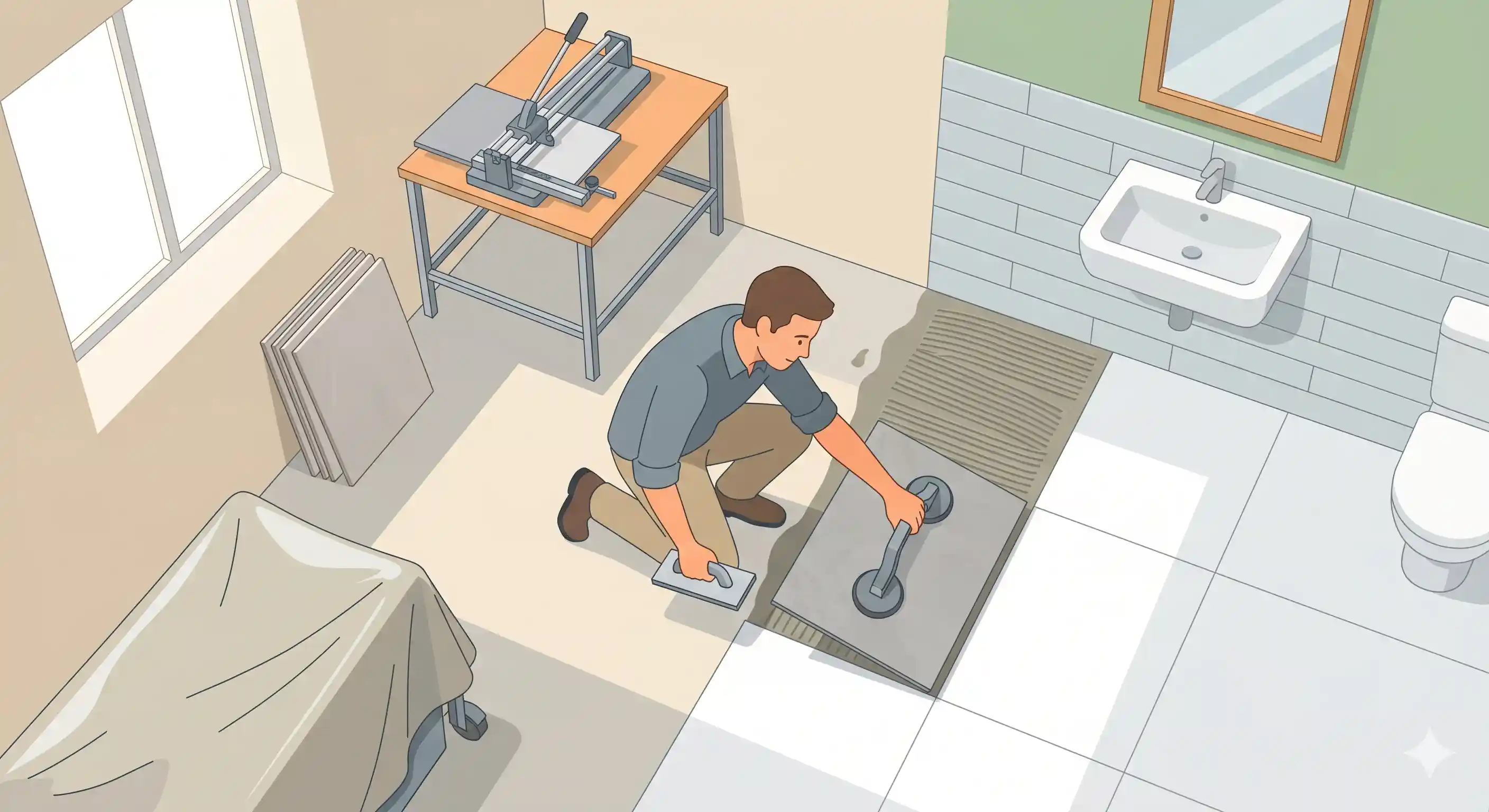 Carreleur professionnel posant du carrelage grand format dans une salle de bain moderne, vue en plongée, lumière naturelle, ambiance chantier propre