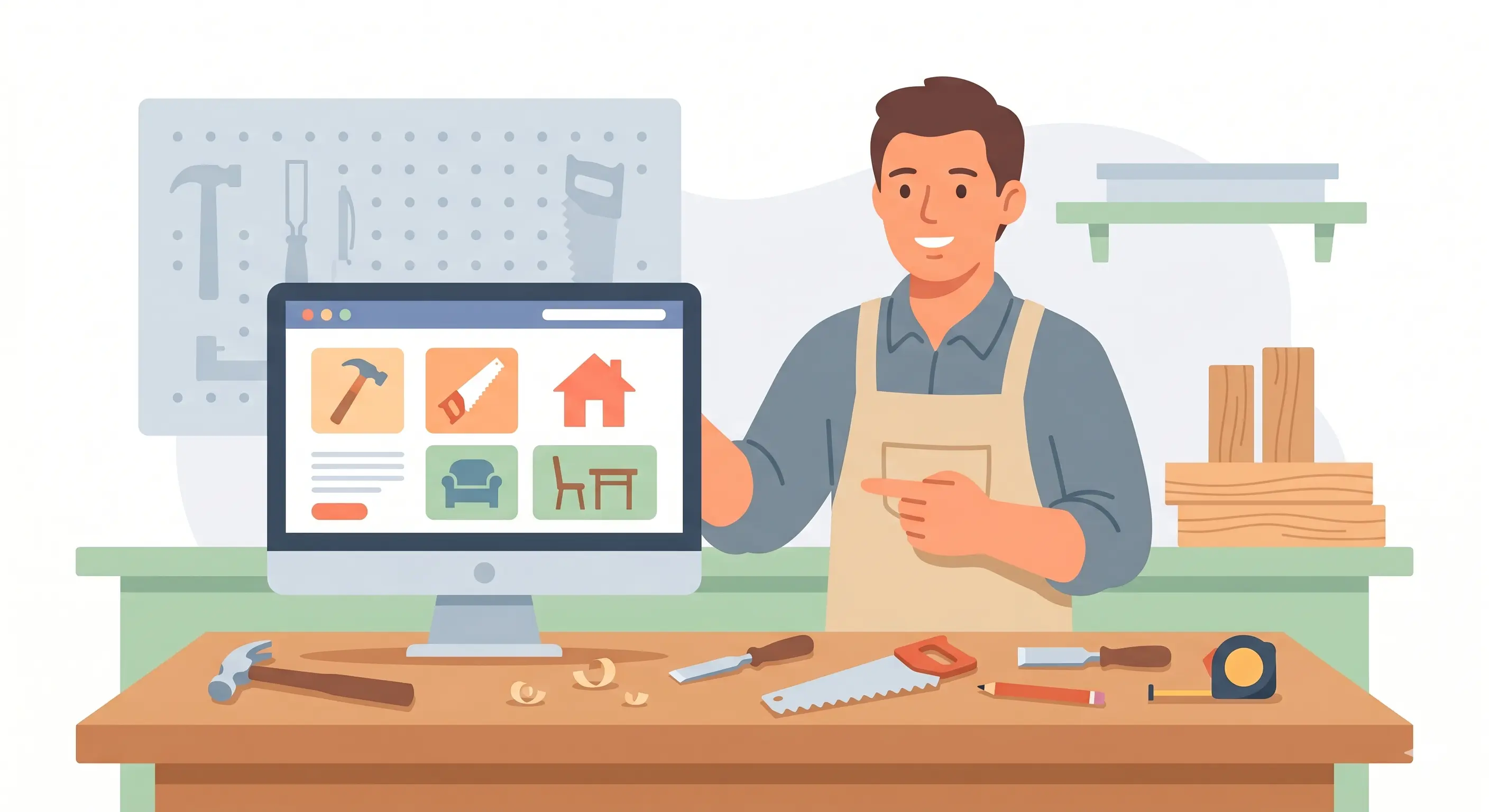 Illustration d'un artisan menuisier en tablier présentant son site internet professionnel sur un écran d'ordinateur, avec des outils de travail posés sur son établi