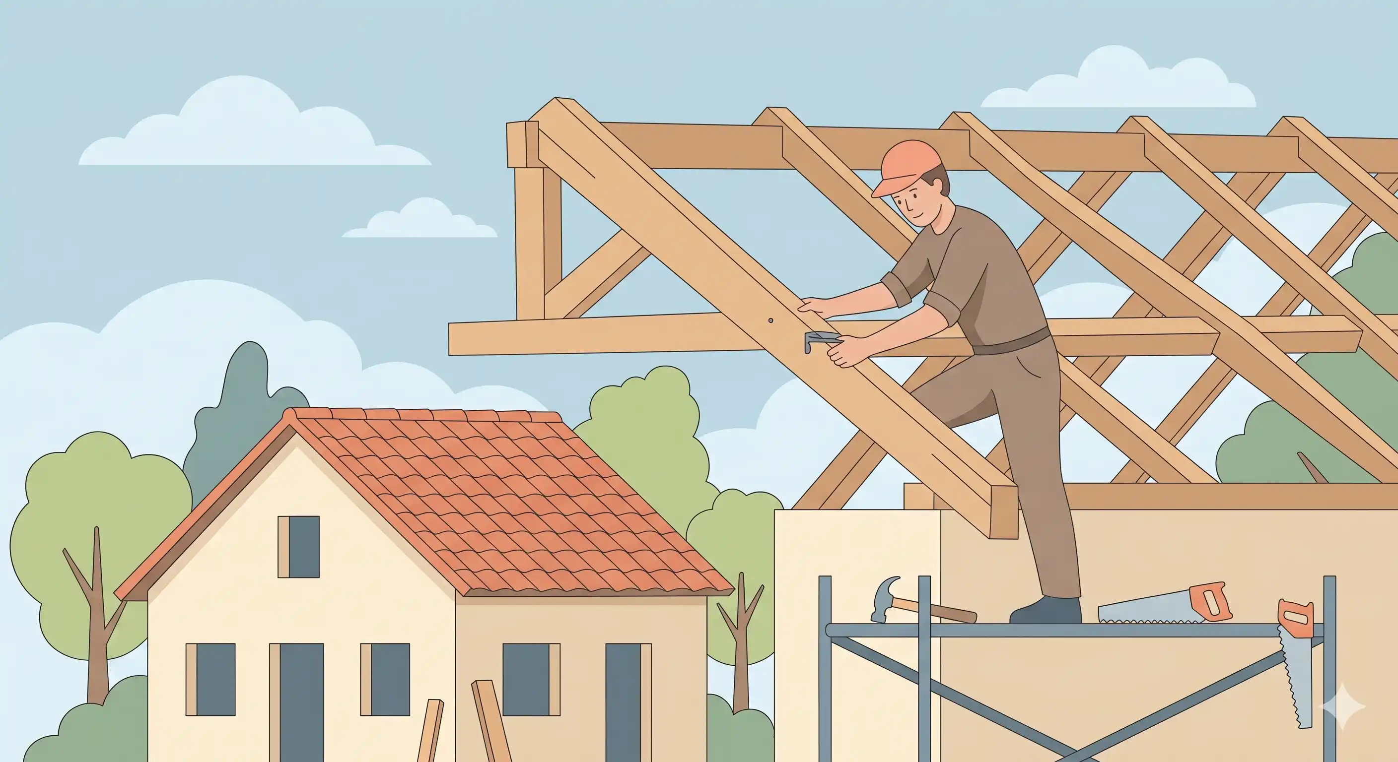 Charpentier indépendant posant une charpente en bois massif sur une maison individuelle, vue extérieure