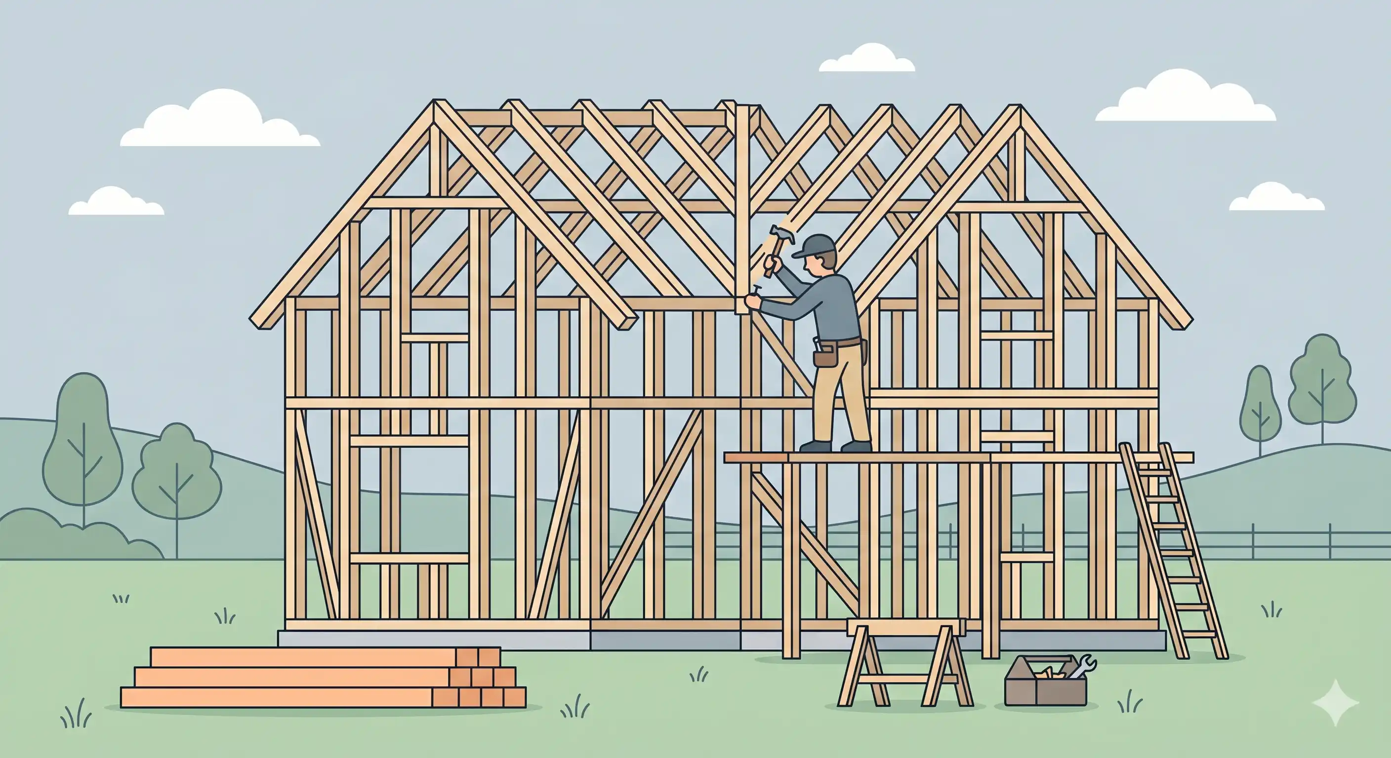 Charpentier lisant un plan de charpente sur un chantier, crayon en main, bois en arrière-plan