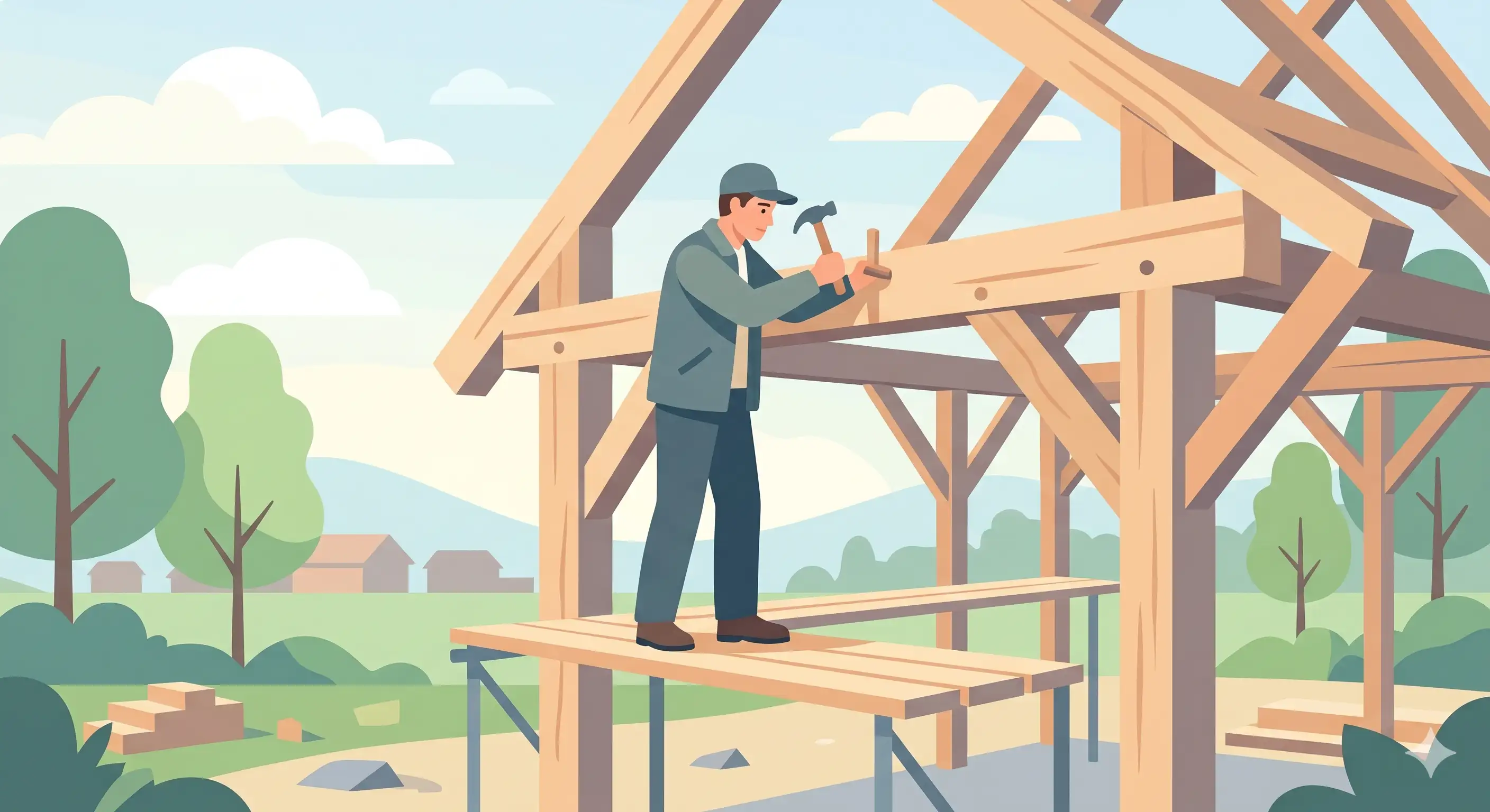 Charpentier assemblant une charpente traditionnelle en bois sur un chantier, lumière naturelle