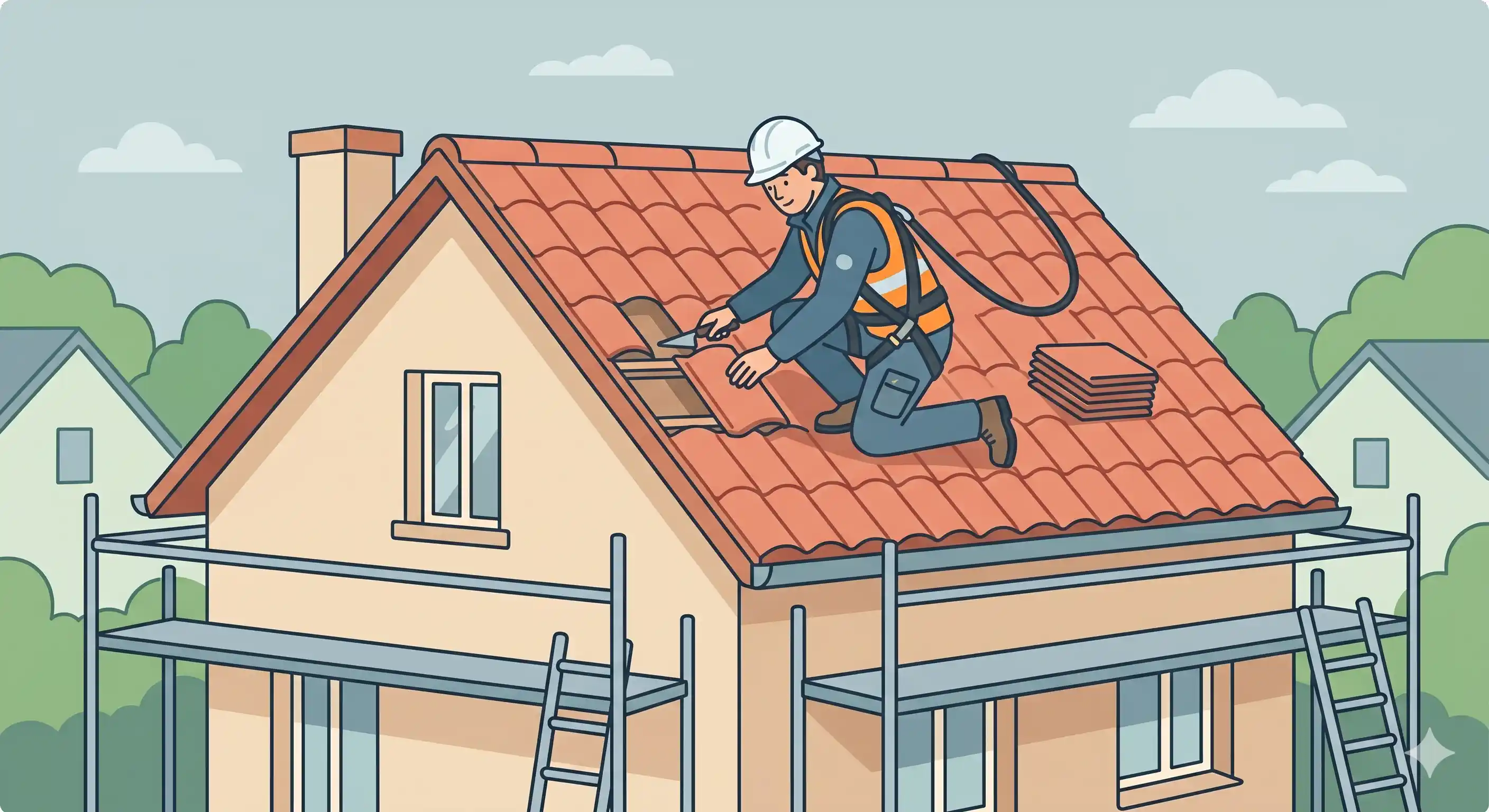 Couvreur salarié en tenue de sécurité travaillant sur une toiture en tuile, harnais visible, chantier résidentiel en zone pavillonnaire