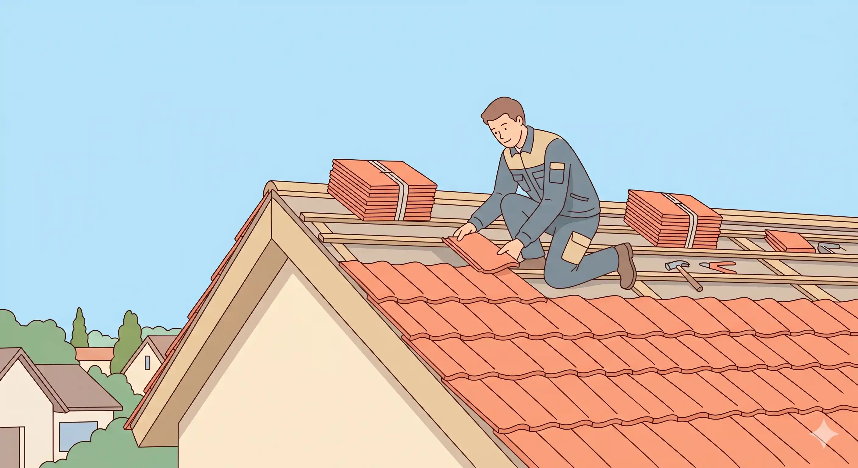 Couvreur professionnel posant des tuiles sur une toiture en pente, vue depuis le faîtage, ciel dégagé, ambiance chantier