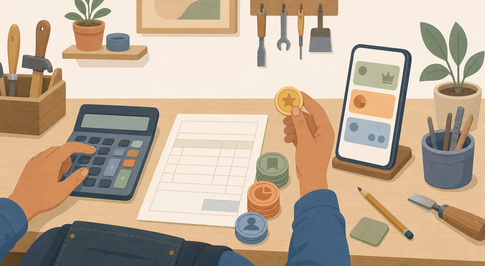 Le coût réel de Kelkun côté artisan : calculette, facture et écran d'abonnement sur un établi