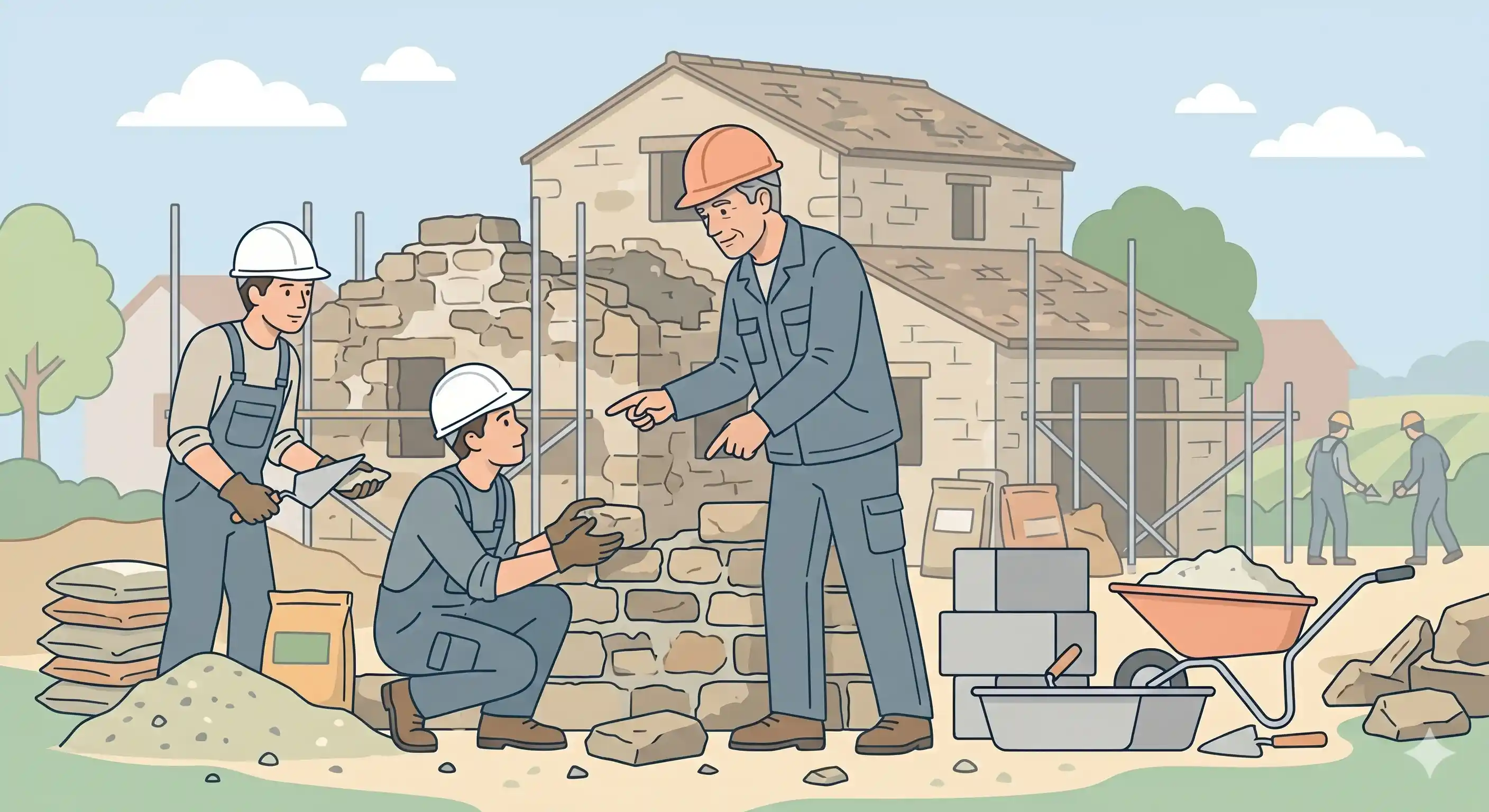 Un chef de chantier maçon expérimenté encadre son équipe sur un chantier de rénovation