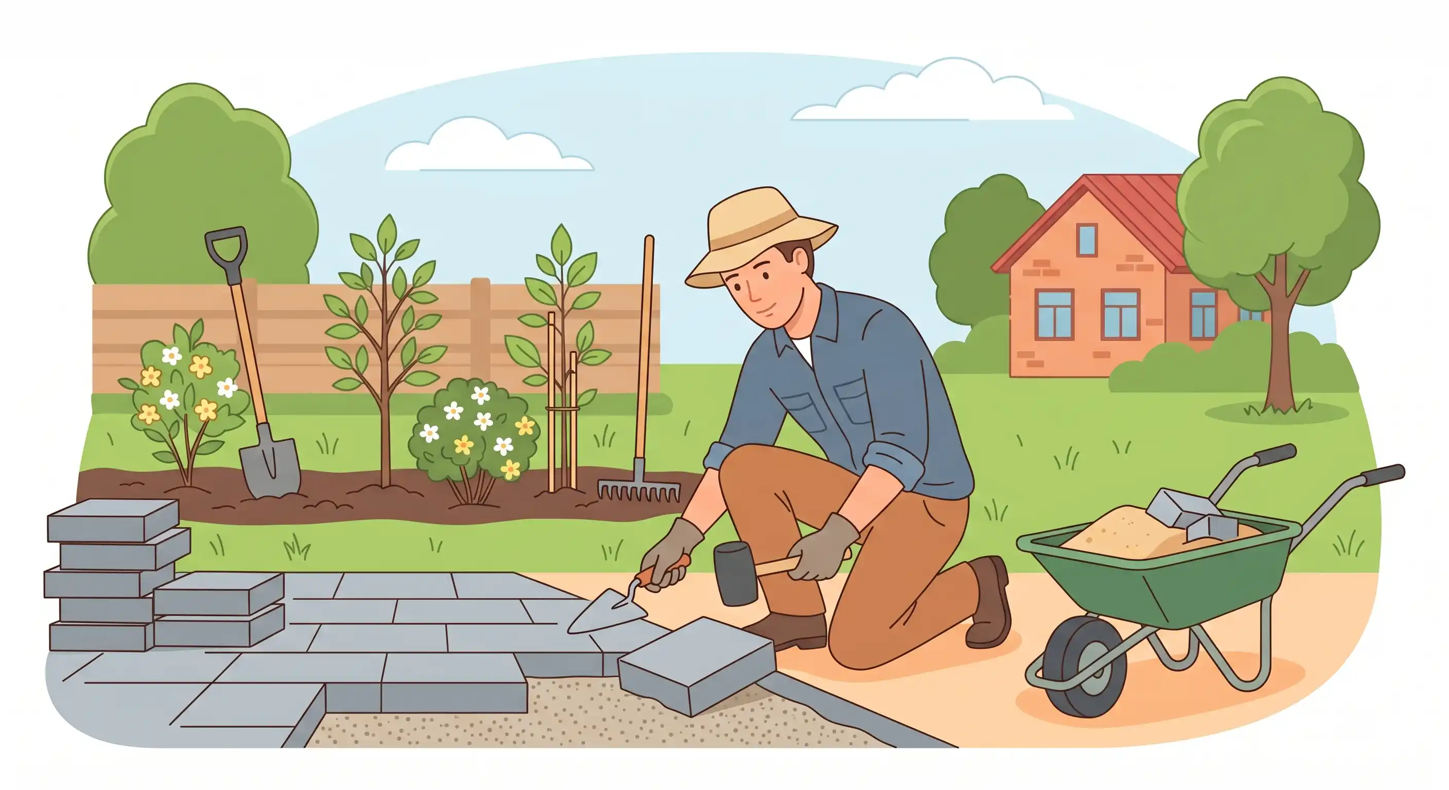 Paysagiste indépendant réalisant une création paysagère avec pose de dallage et plantation d'arbustes