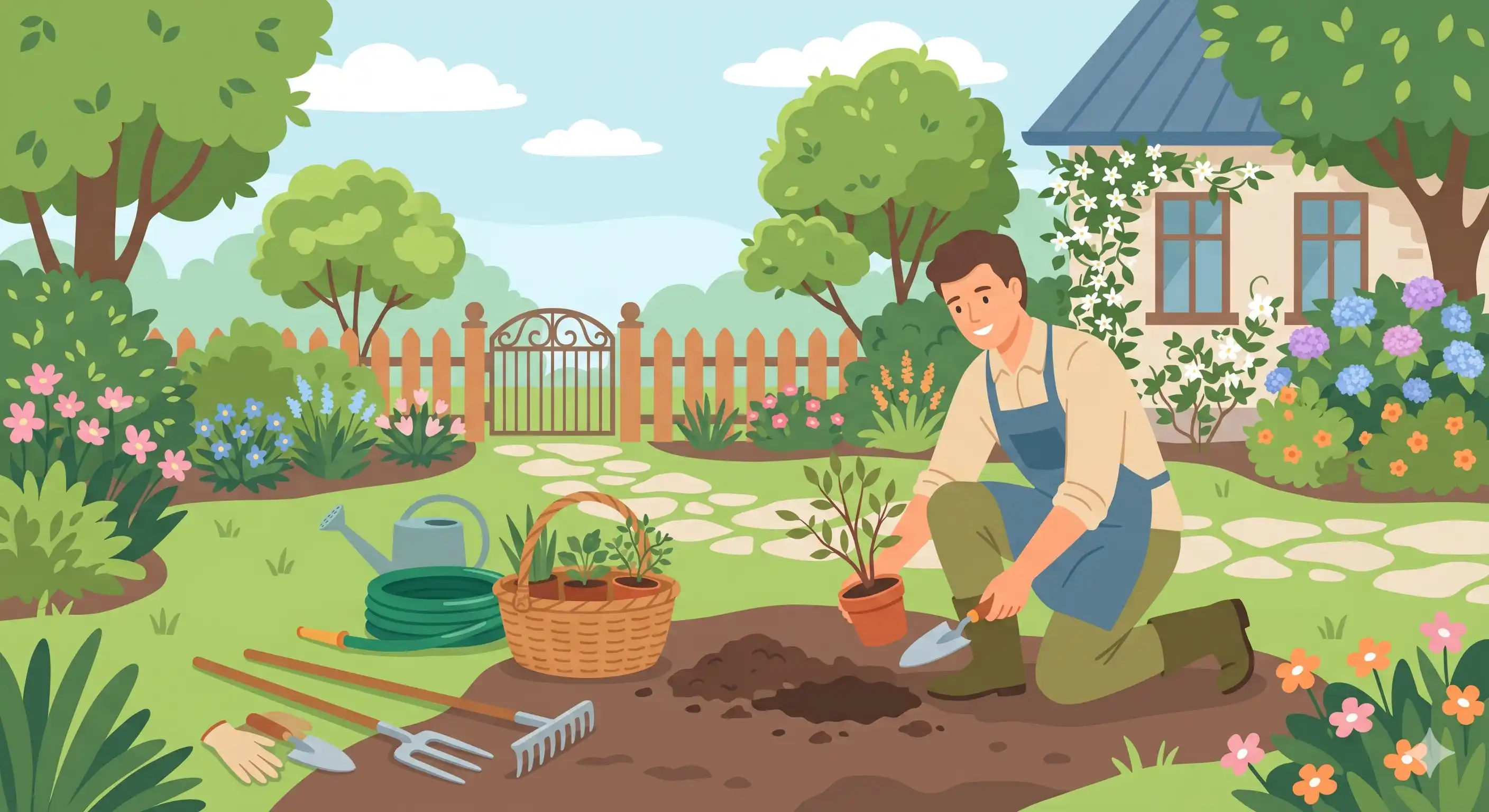 Paysagiste en train de planter des végétaux dans un jardin privatif, outils de travail au sol