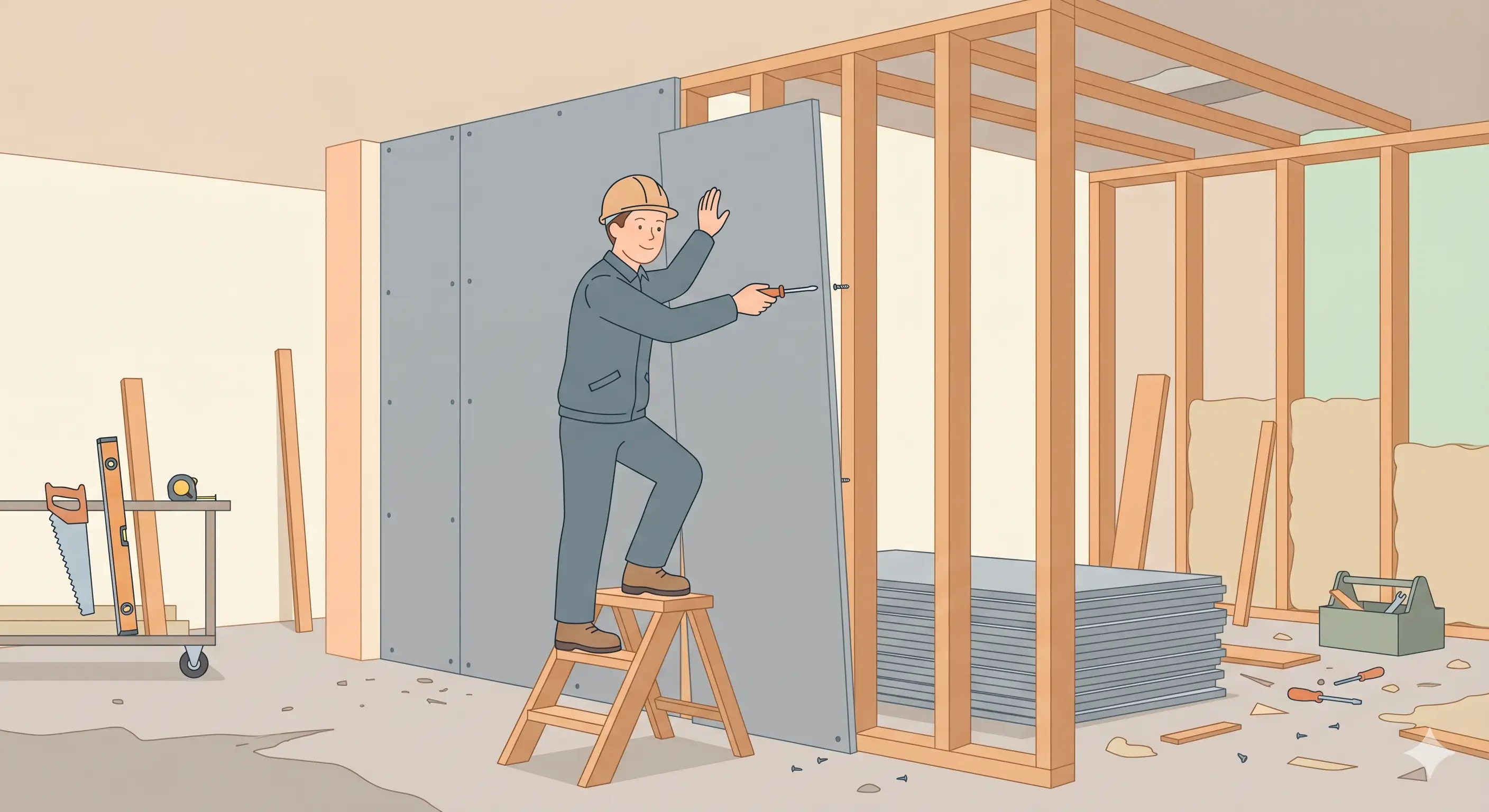 Plaquiste posant des plaques de plâtre sur un chantier de rénovation