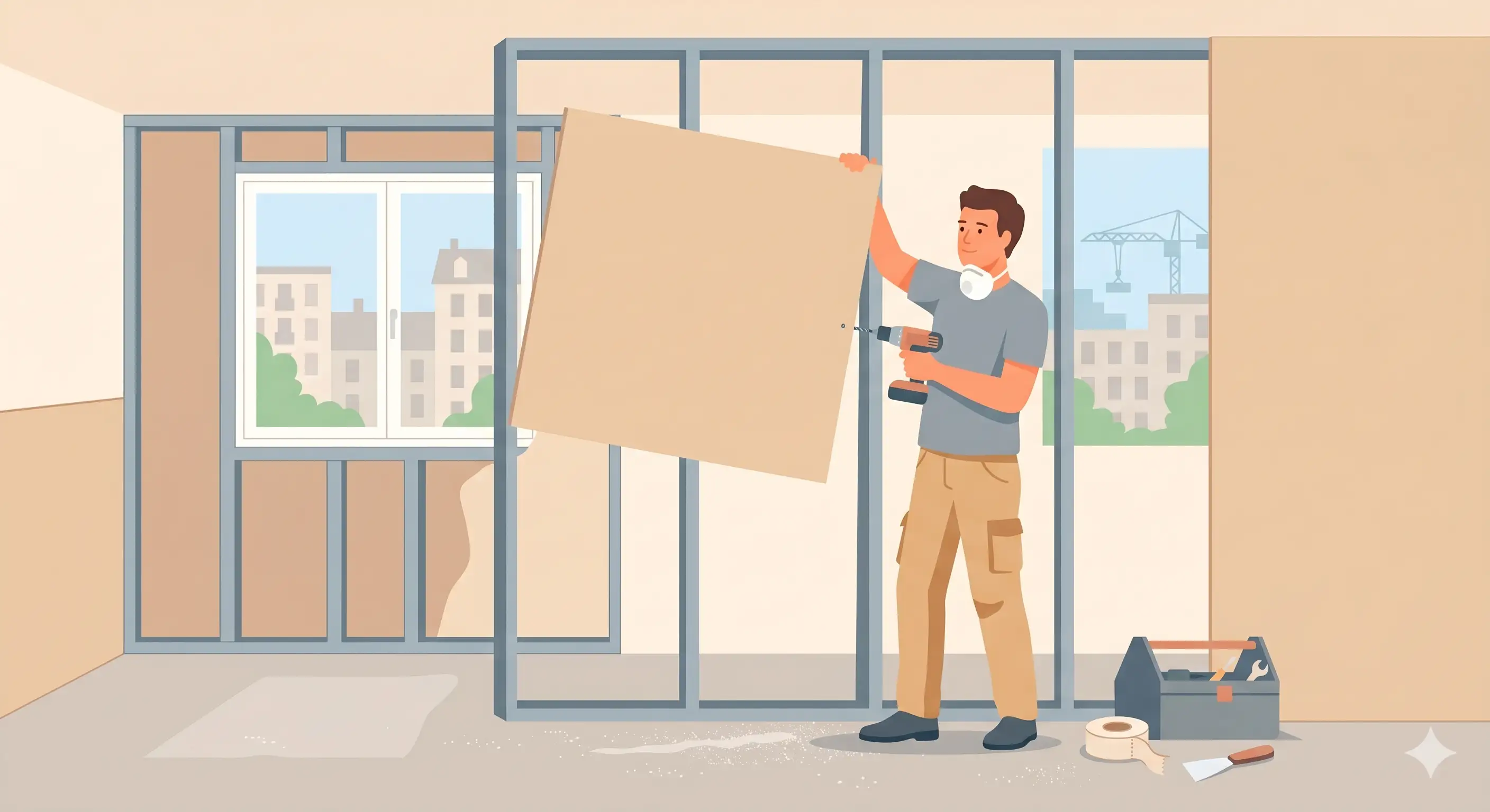 Un plaquiste au travail sur un chantier intérieur en France