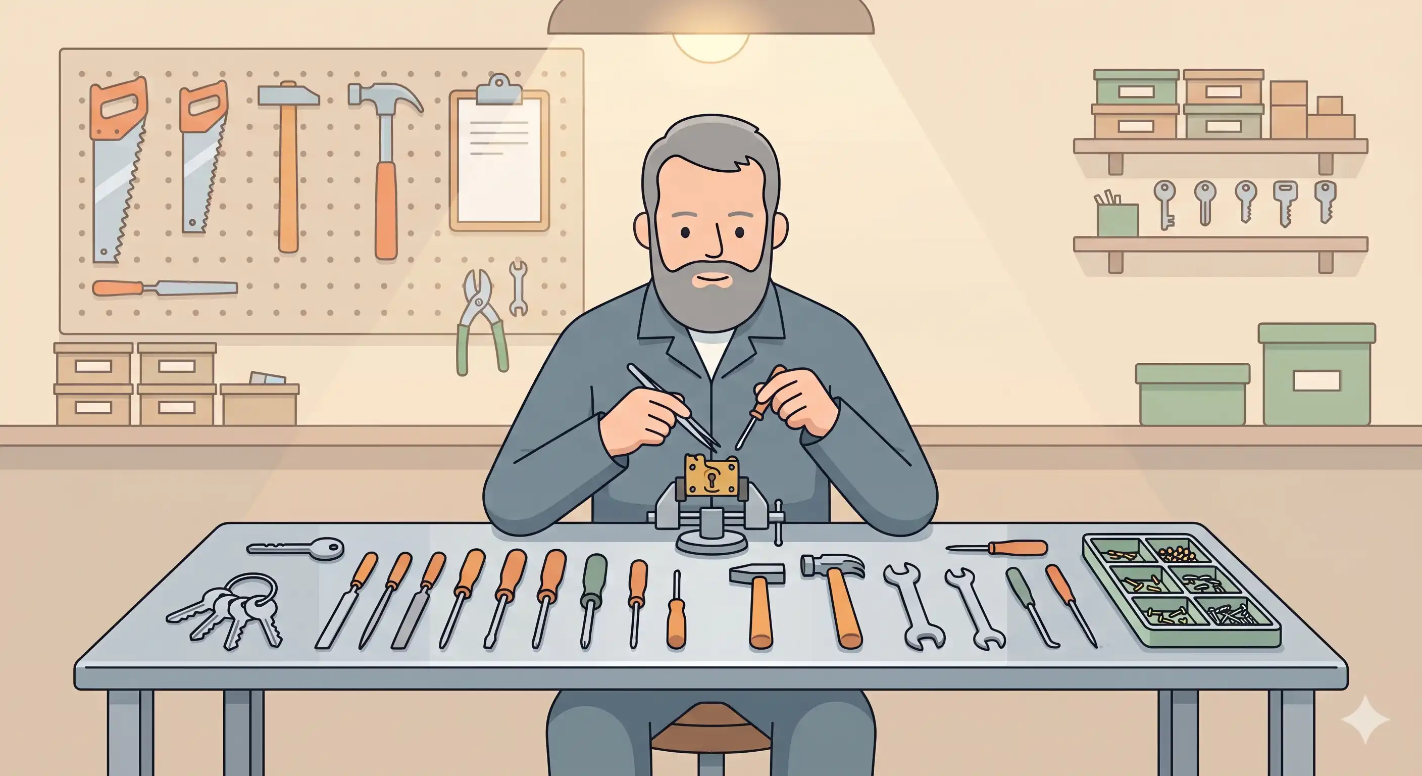 Serrurier-métallier artisan en atelier, travaillant sur un mécanisme de serrure, tenue de travail bleue, établi métallique avec outils, lumière chaude d'atelier