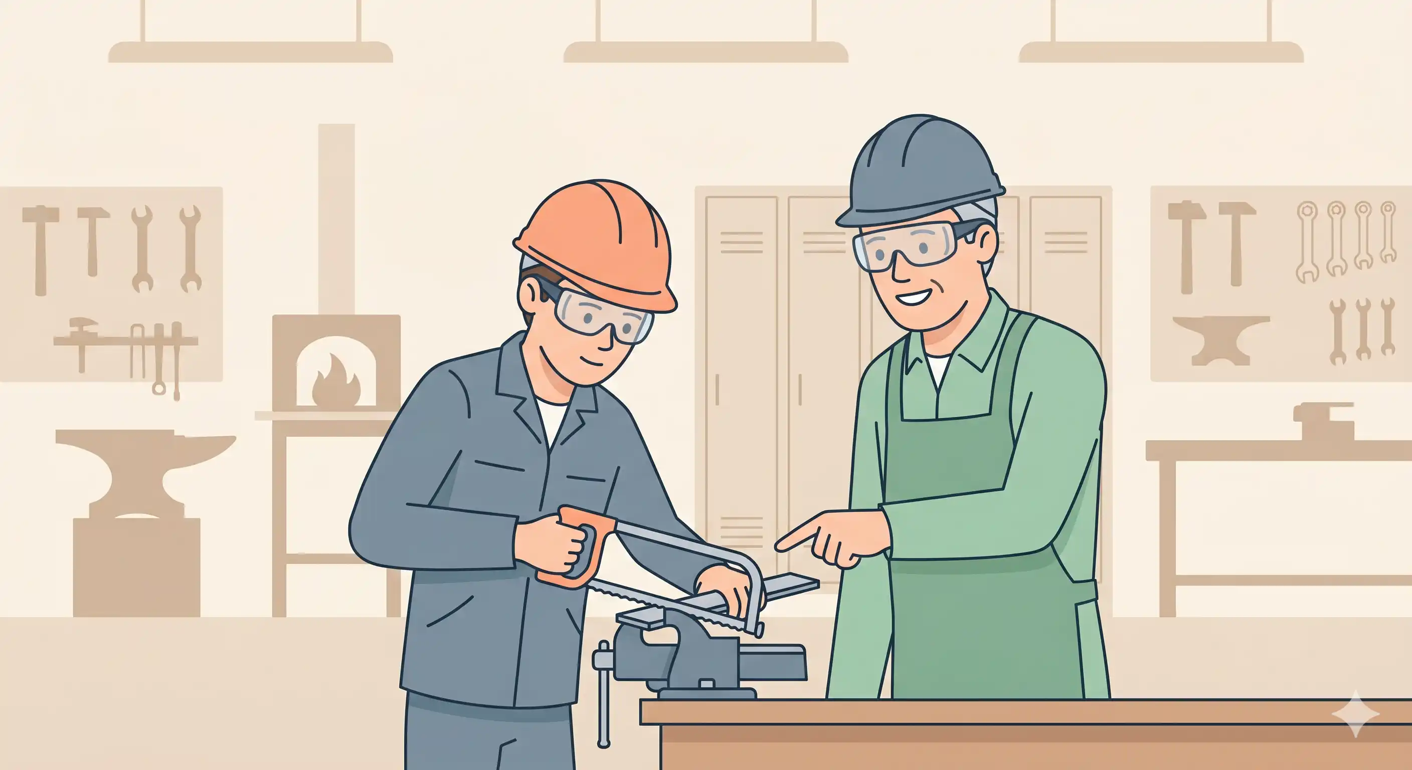 Apprenti serrurier-métallier en CAP, formation en atelier avec formateur, découpe de métal, casque de protection, environnement CFA BTP.